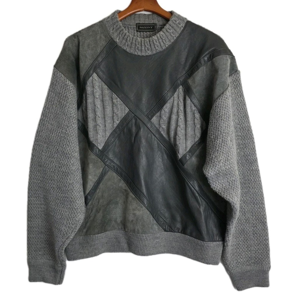 VTG 80s 90s Saxony Leather, Suede, Knit Gray‎ Mens Sweater Textured Patchwork
